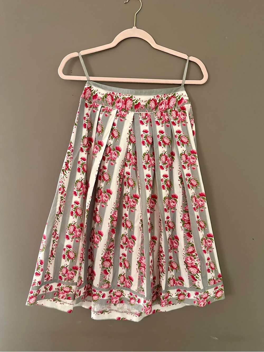 Floral Stripe A-Line Midi Skirt in Pink and Cream